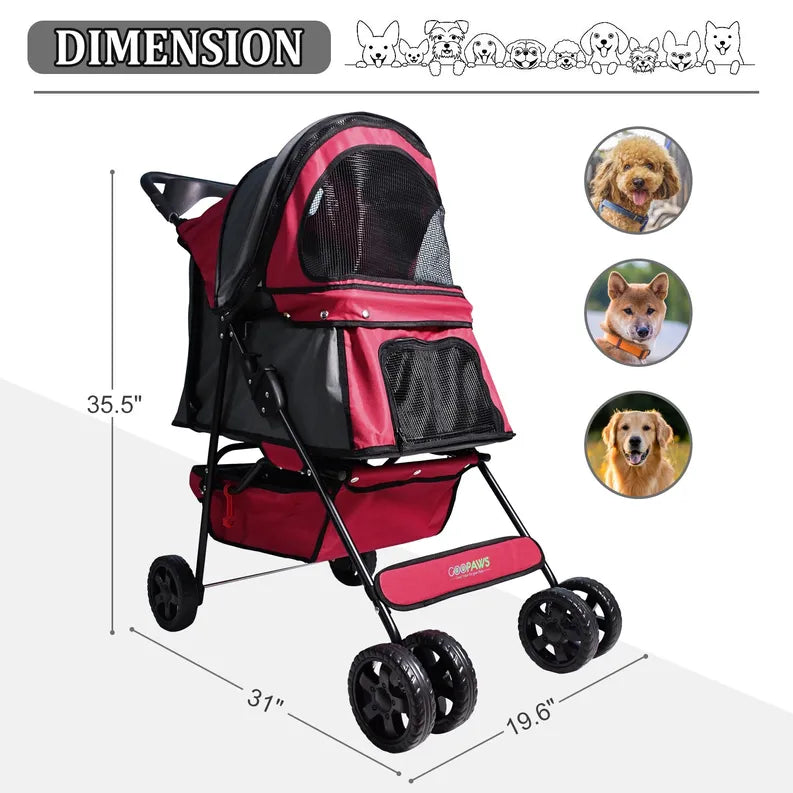 GOOPAWS 4-Wheel Promenade Pet Stroller for Dogs Cats, Safe Brake Wheels Foldable Jogging Stroller with Cup Holder, Storage Basket, Pad, Seat Belt